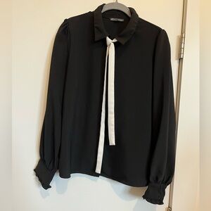 Adrianna Papell black button-down blouse with white tie